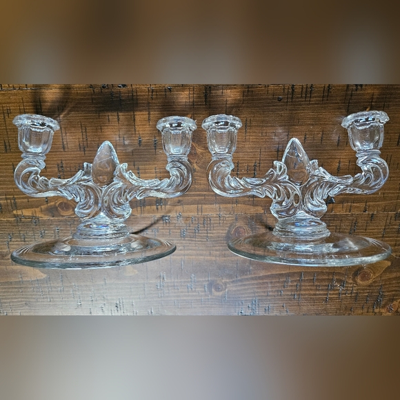 Double light candlestick Teardrop-Clear (pair) by New Martinsville - Picture 1 of 4